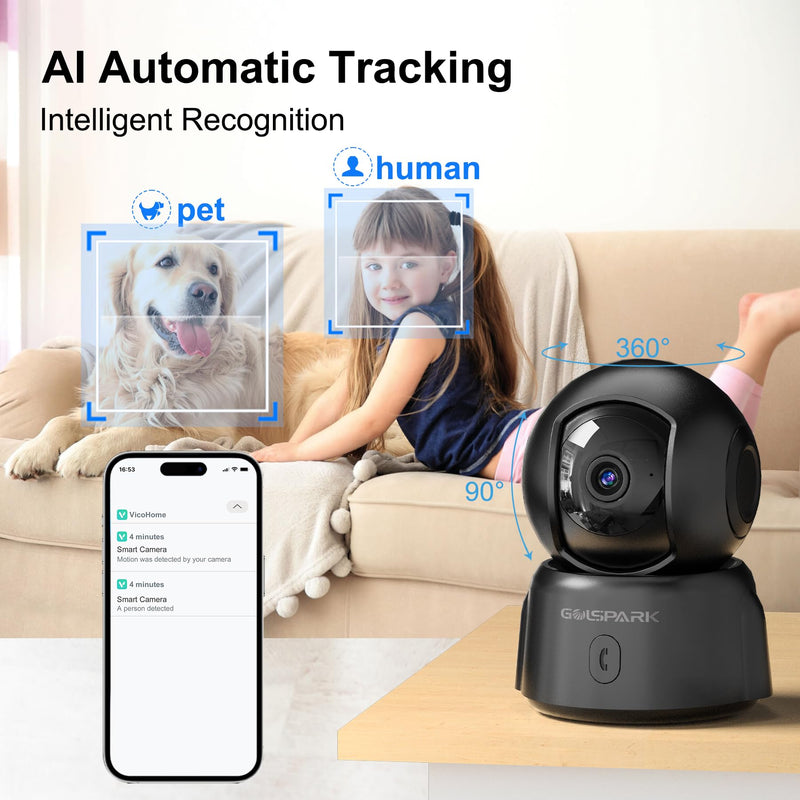GOLSPARK Dog Pet Camera for Home Security 2K,2.4GHz WiFi Camera Baby Monitor for Room with Motion Tracking Detection Night Vision,Two-Way Audio SD/Cloud Storage Black-2Pack