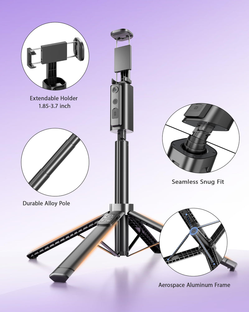 59" Extendable 360° Auto Face Tracking Phone Stand with Remote and Fill Light, No App Needed, Black Tracking Tripod for iOS and Android, Ideal for Content Creators and Video Recording Light+Black