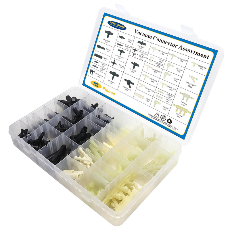 34 Size 165 PCS Automotive Vacuum Tubing Connector Vacuum Tee Connector Assortment Kit 1/8" 3/16" 1/4" 5/16" 3/8"