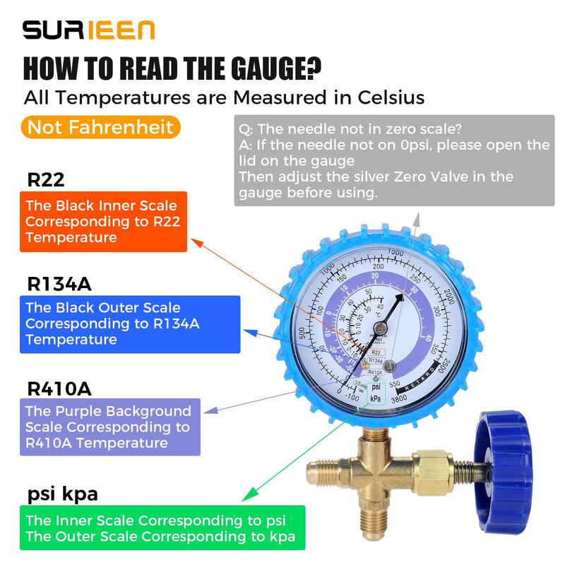 SURIEN R410A Recharge Kit AC Charging Hose, R410A R134A R22 Manifold Gauge Hose Set for Air Condition Refrigeration Charging, with R410a Adapter 1/4" SAE to 1/2" & 5/16'' for Mini Split System