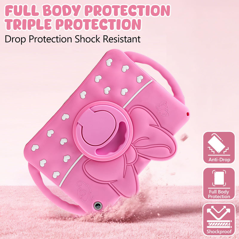 SAMONPOW for Galaxy Tab A11+ Plus Case 11 Inch Galaxy Tab A9 Plus Kids Case | Cute Bow Heart Silicone Cover Samsung Galaxy Tab A11+/A9+ Tablet Case 2025/2023 for Girls Teen with Rotating Stand Handle Hot Pink for Samsung Galaxy Tab A11+/A9+ Plus