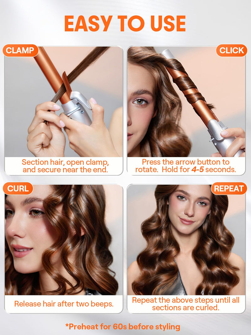 SHEGLAM Rotating Curling Iron, Curl Cycle, 25mm Automatic Curling Wand for Long Hair, Get Effortless Beach Waves with Self Spinning Barrel up to 220°C with Home Button, Dual Voltage