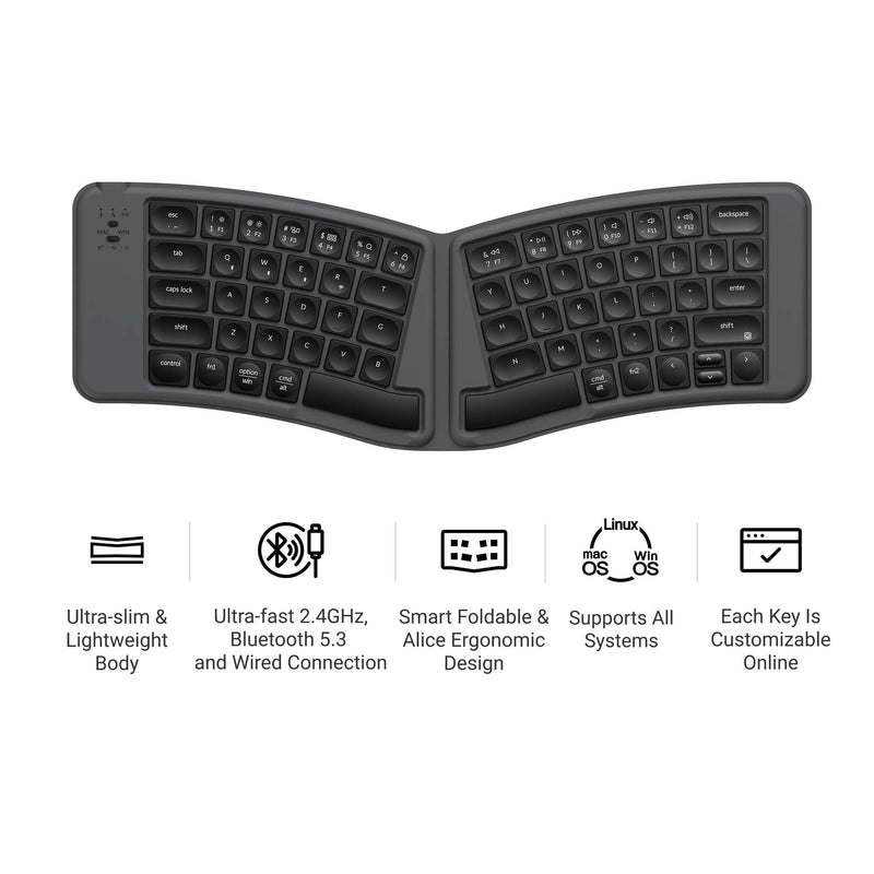Keychron B11 Pro Ultra-Slim Foldable Wireless Keyboard, 65% Alice Layout | Three Device Switching 1000 Hz Polling 2.4 GHz Wired Mode Launcher Key Remapping Up to 138 Hour Lab Tested Battery Life