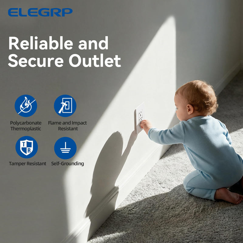 ELEGRP Decorative Outlet Night Light, Electrical Wall Outlets with Built in Led Guidelight 3000K, Tamper Resistant Receptacle, 15 Amp 125 Volt, Plate Cover Included, Matte White, 4 Pack Wall Plate Included Warm White