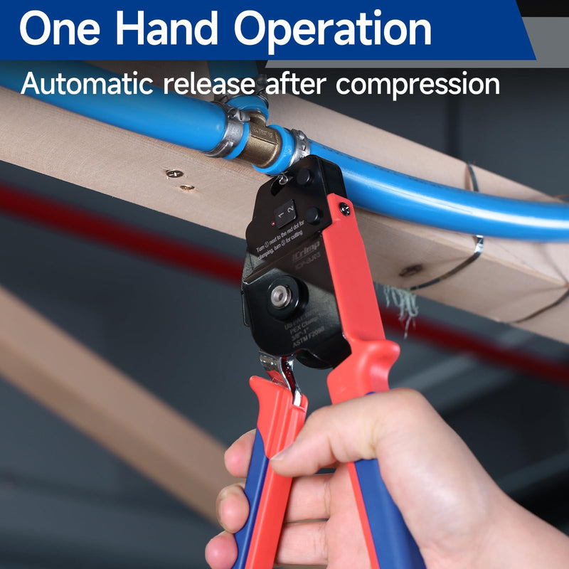 iCrimp One-Hand PEX Pipe Cinch Tool Kit, PEX Crimping Tool with Removing Function for 3/8-1 inch Clamp Rings, with 20PCS 1/2-in, 10PCS 3/4-in PEX Clamps and Pipe Cutter Auto Release Cinch & Remove Kit
