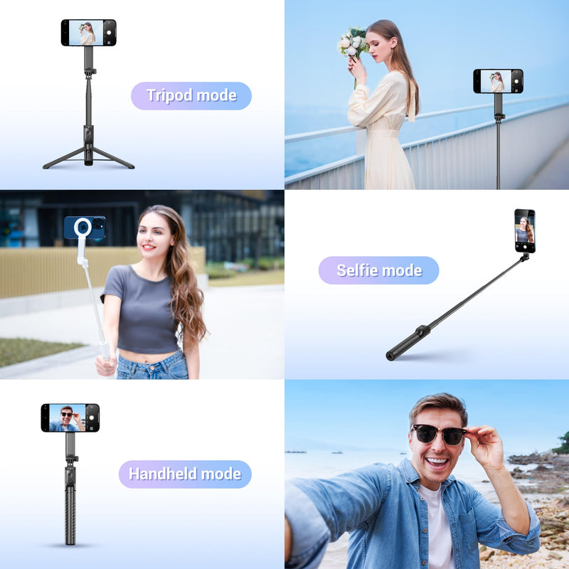 Magnetic Selfie Stick, 40.9" Extendable Cell Phone Tripod Stand for iPhone 15 14 13 12 MagSafe Phone Case with Detachable Phone Clamp & Wireless Remote for Selfie Vlogging Video Recording-White WHITE