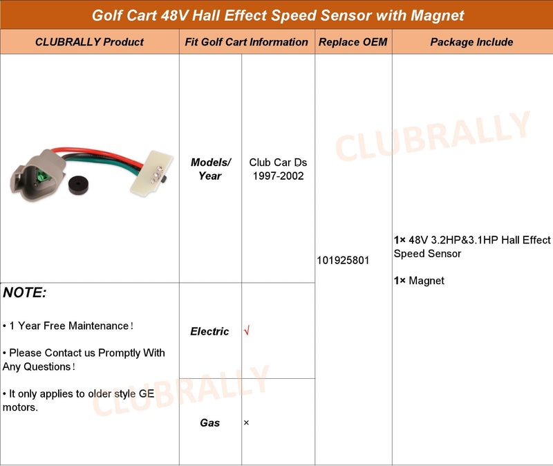 Golf Cart 48V Hall Effect Speed Sensor(with Magnet) for Club Car DS Electric 1997-2002 GE Motor, OEM#101925801, 1019258-01 Grey-48V Hall Effect Speed Sensor with Magnet