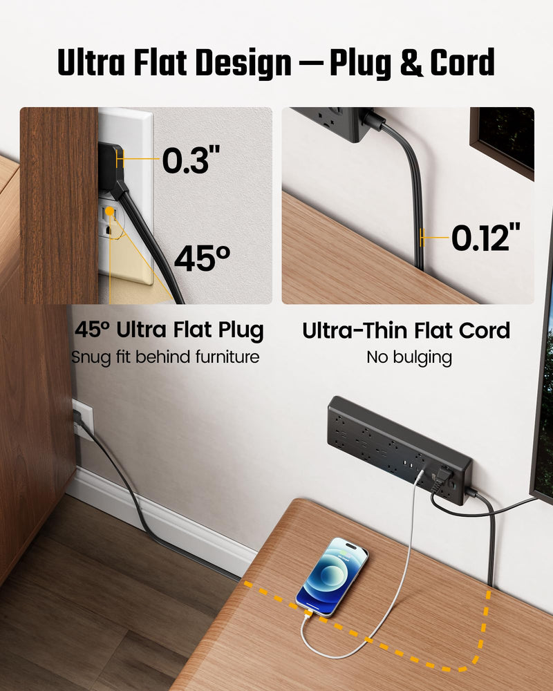 SUPERDANNY 10Ft Extension Cord with Multiple Outlets, Flat Plug Power Strip | 2100J, 13AC 2 USB C 2 USB A Charging Ports, Surge Protector, Desk Charging Station, Home Office, College Dorm Room Essentials Black 10 FT