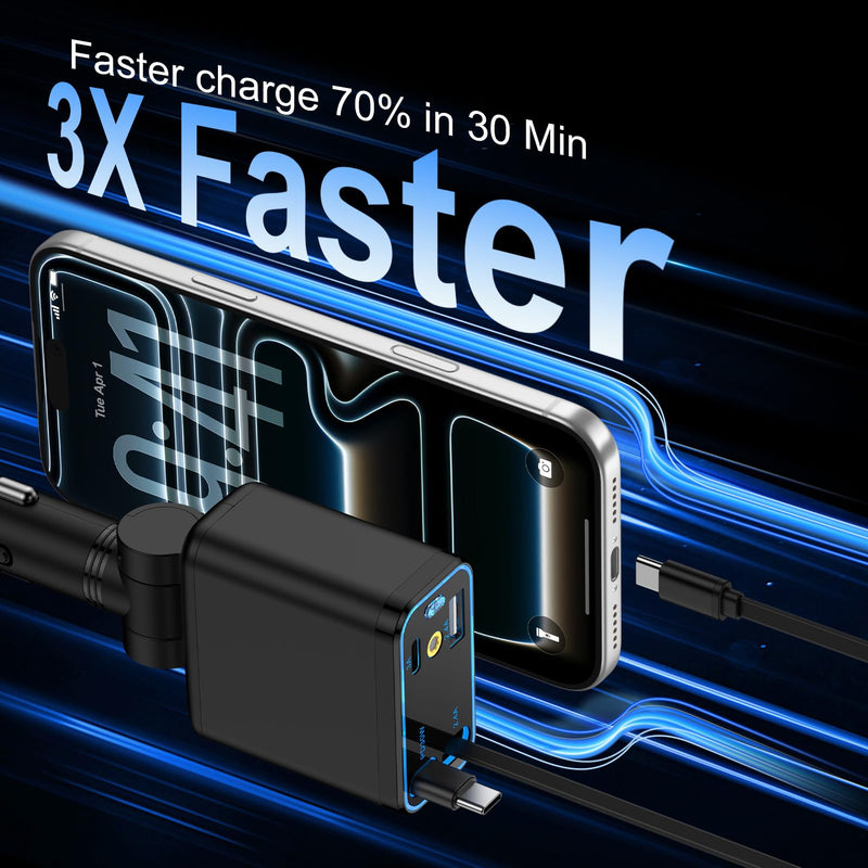Retractable Car Charger with Starlight for Samsung Galaxy S26 Ultra/A17/A16 | 47W Starlight in Car Roof 4 in 1 Super Fast USB C & USB A Car Phone Charger Adapter for iPhone 17e/16e/17/16/15/14/13 Pro Max black
