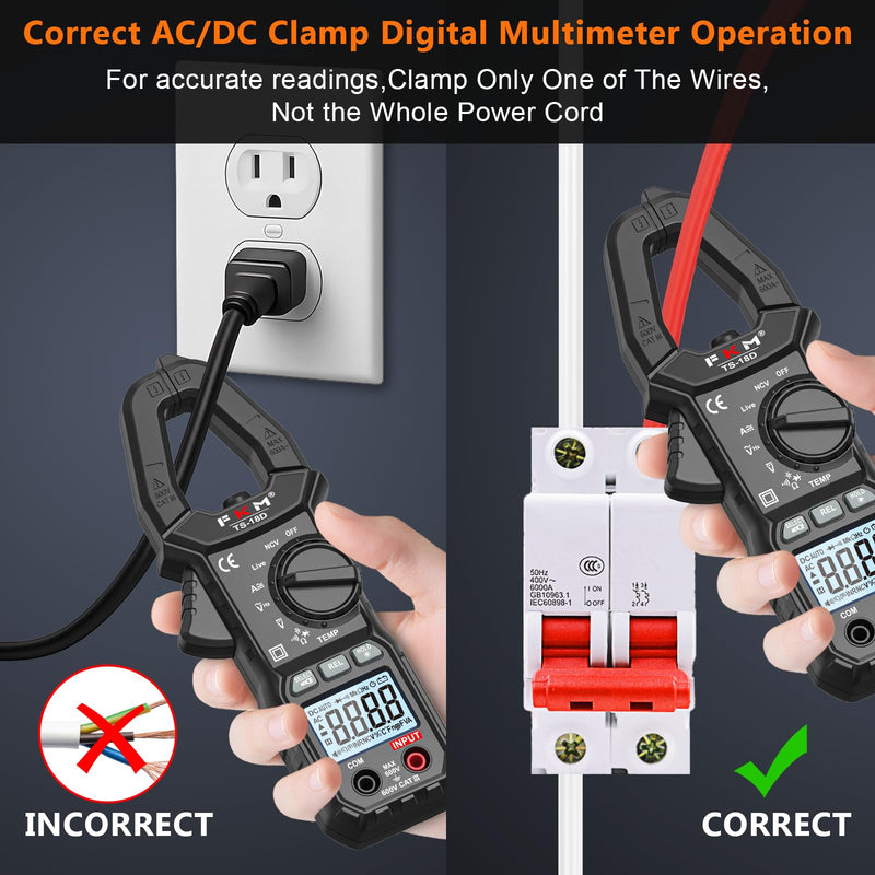 FKM AC/DC 600 Amp Clamp Meter Multimeter Tester TRMS 6000 Counts Auto-ranging Smart Digital Voltage Tester,for AC/DC Current/Voltage,NCV Detection,Capacitance,Resistance,Ohm,Continuity,Diode,Hz,Temp Black-(AC/DC Current)Clamp Meter