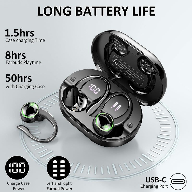 Wireless Earbuds Sports, Bluetooth 5.4 Headphones Hifi Stereo, Fitness Headset for Gym Running Workout, ENC Noise Cancelling Mic, Over Ear Buds with 50H Playback, IP7 Waterproof, Earhooks Design Black