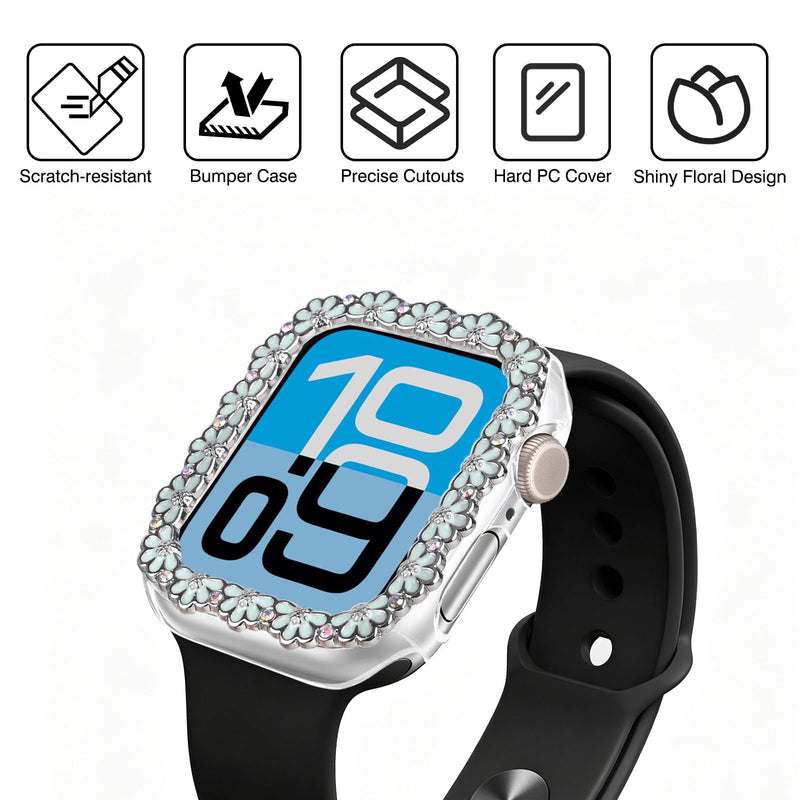Floral Bling Diamond Bumper Case for Apple Watch SE 3/SE 2/SE/9/8/7 44/45mm | Glitter Rhinestone Flower Watch Case Hard PC Shockproof Protective Frame Cover Accessory for Women Compatible with iWatch SE Apple Watch SE 3/SE 2/SE/9/8/7/6/5/4 (44/45mm)
