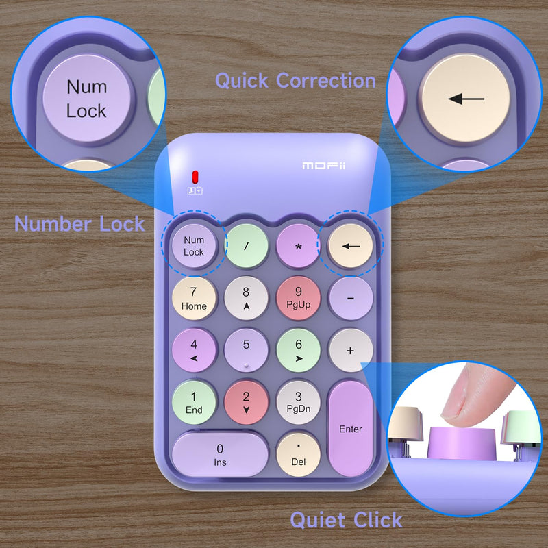 MOFII Wireless Number Pads - Purple Numeric Keypad 18 Keys USB 2.4G Round Keycap Colorful Extensions Keypads, Financial Accounting Portable Numpad 10 Key for Laptop/PC/Notebook/Surface Pro