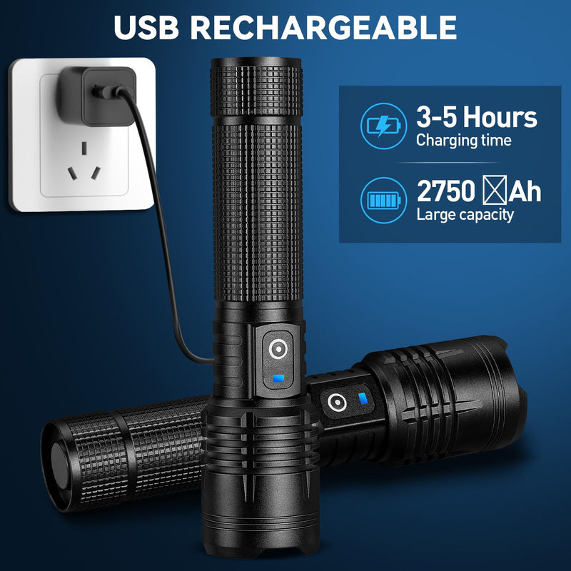 Flashlight Rechargeable LED High Lumens, 99,000 Lumens Super Bright Flash Lights with 5 Modes, Adjustable，Waterproof Powerful Linterna for Home, Camping(2 Pack)