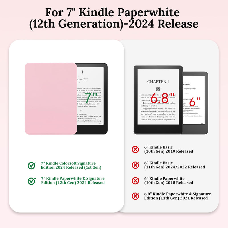 Magnetic Rotating Stand Case for 7'' Kindle Paperwhite & Colorsoft | Magnetic Detachable, Adjustable Stand, Auto Wake/Sleep, Clear PC Case, Soft TPU Edge, Hand Strap, Anti-Slip Grooves, Pink 7" e-book-reader