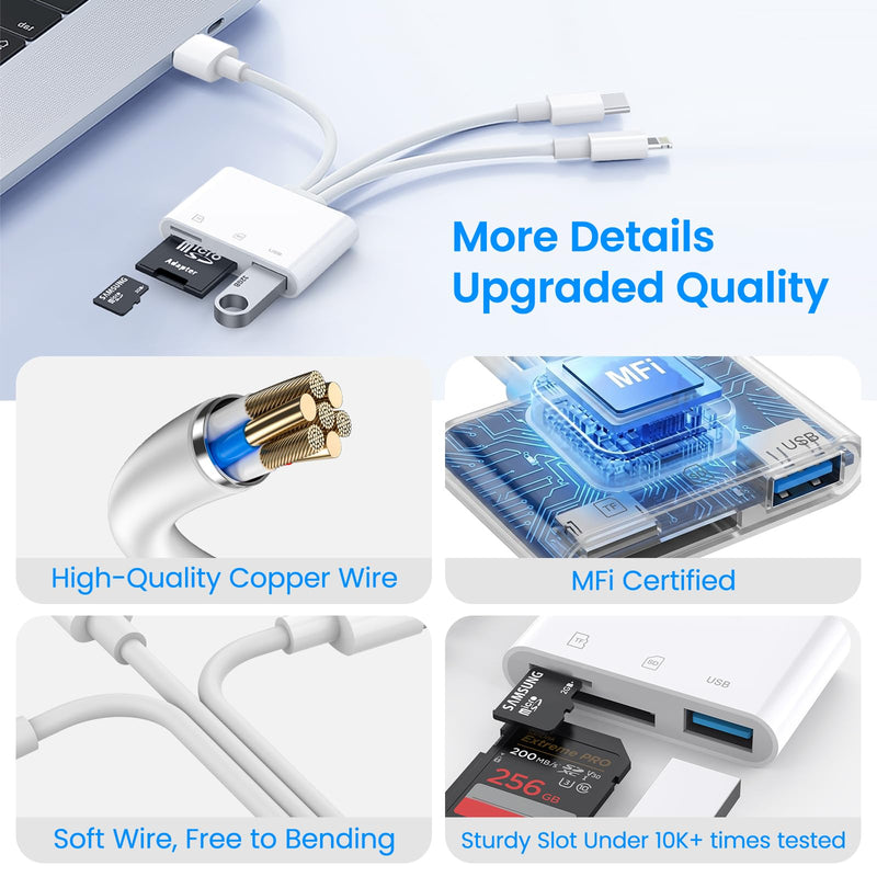 SD Card Reader for iPhone iPad Mac, USB-C & Lightning & USB-A 3-in-1 MicroSD/SD Adapter, High-Speed Plug & Play USB C Memory Card Reader for Digital Camera Trail Camera, USB-A Laptop Computer