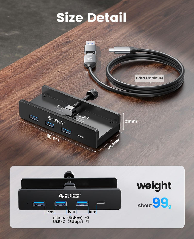 ORICO USB Hub 3.0, Clamp USB Hub with Extra Power Supply Port, Aluminum 4-Port USB Adapter with 3 USB-A Data Ports, USB-C Port for Monitors, Desks (Black) Black