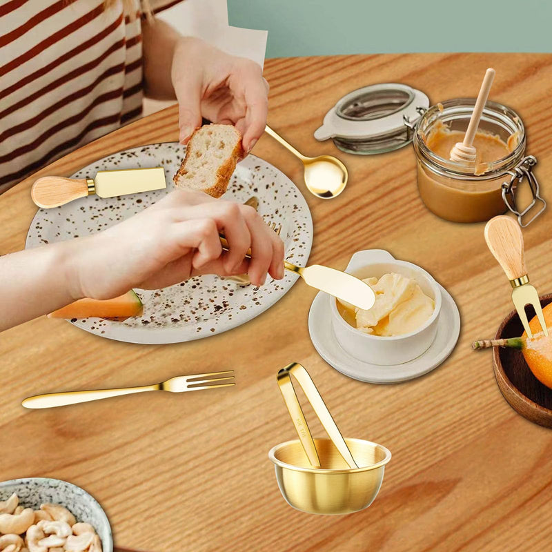 48 Pcs Charcuterie Boards Accessories Butter Spreader Knives Set Stainless Steel Cheese Mini Serving Tongs Spoons Forks Dipping Bowls Toothpick Flags Utensils for Pastry Making Wedding Christmas(Gold) 48Pcs Gold