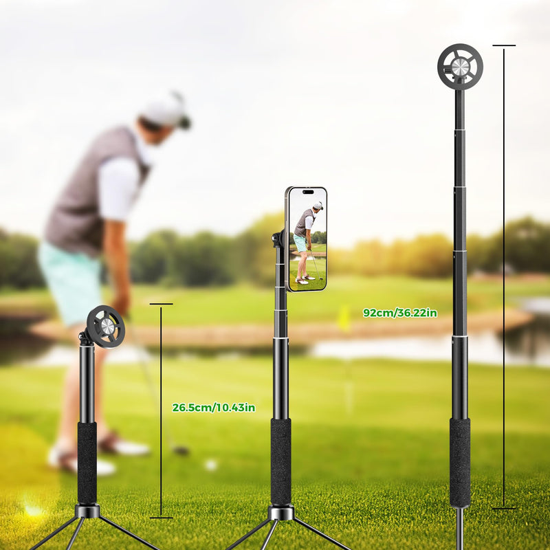 Golf Selfie Stick Tripod & Ground Spike to Record Swing, Phone Mount | Golf spike& tripod, strong magnetic mount, 11.4–47in adjustable pole, 1/4" thread, portable& compact, durable aluminum design