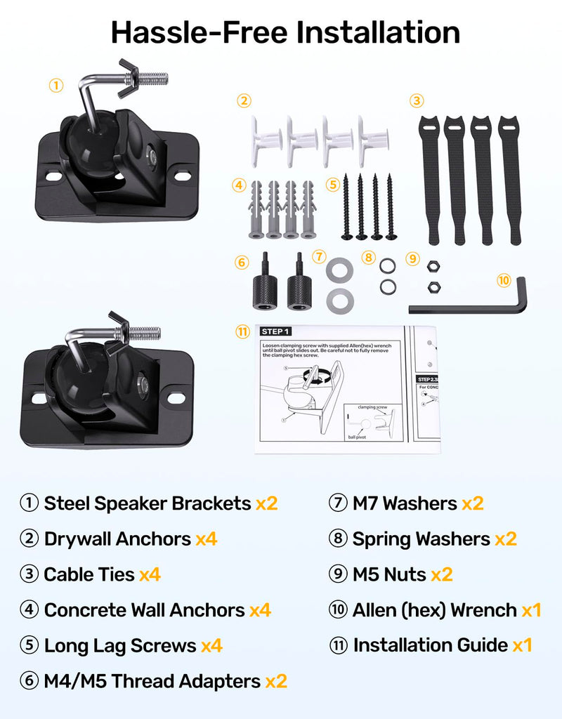 Surround Sound Satellite Speaker Ceiling Wall Mount, Swivel & Tilt, 2-Pack | Max 11 lbs Load, Fits M4/M5, 1/4-20 Mounting, 360° Rotatable Ball Joint, for Samsung Q990D Q990F, Roku and More Rear Speakers