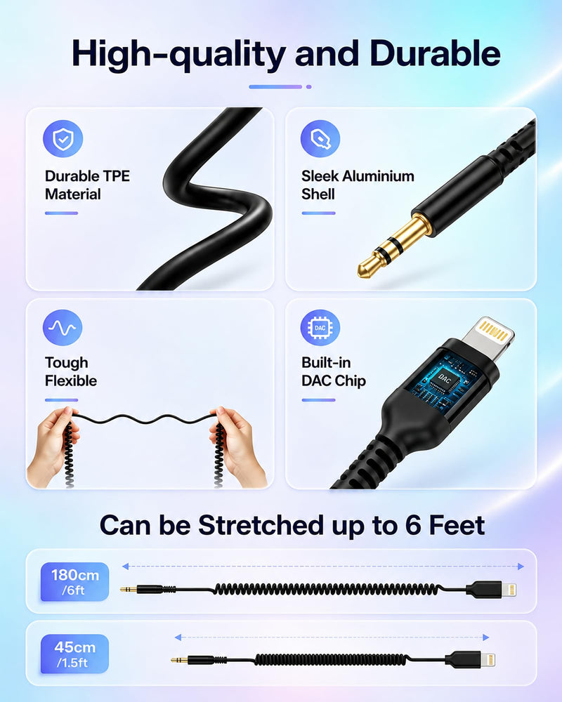 iPhone Aux Cord, Coiled Lightning to 3.5mm Ox Cable for Car Stereo Speaker | Lightening to 3.5mm Aux Jack, Retractable 6ft Lighting Auxiliary Car Stereo Auxiliar Ox Adaptador Audio Flexible for Apple