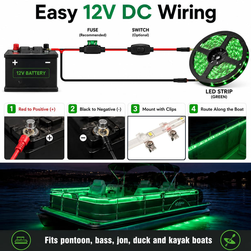 Seaponer Pontoon Boat Light - LED Strip for Duck, Bass, Sail, Kayak - Flexible Deck & Interior Courtesy Lights - Green, 12v 10m (32.8ft)