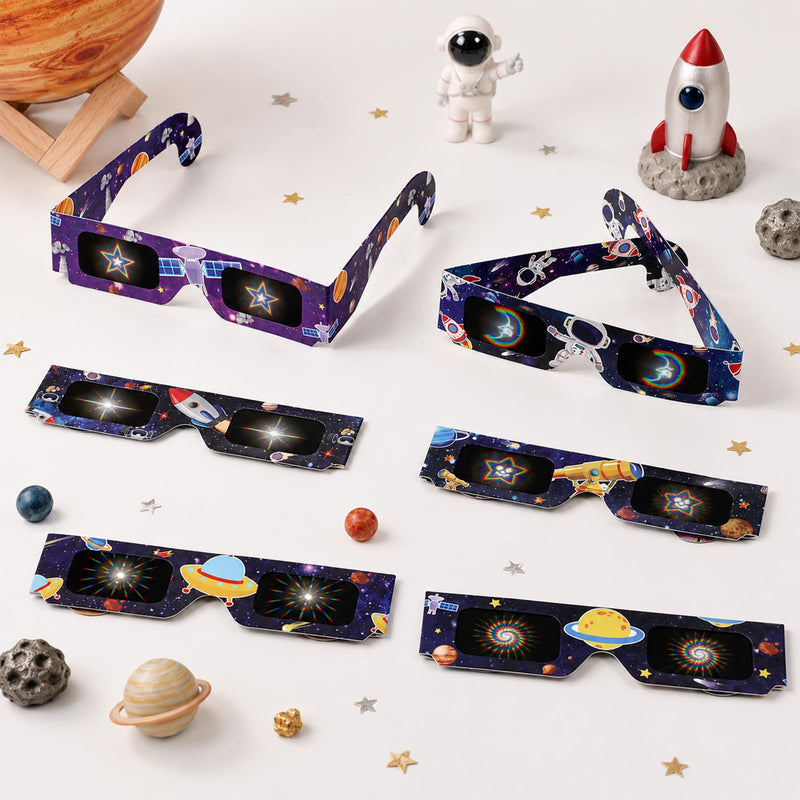 12PCS Outer Space Party Diffraction Glasses Solar System Decor Space Astronaut Birthday 3D Diffraction Paper Glass Galaxy Planet Party Refraction Glasses for Light Eyeglass Prop
