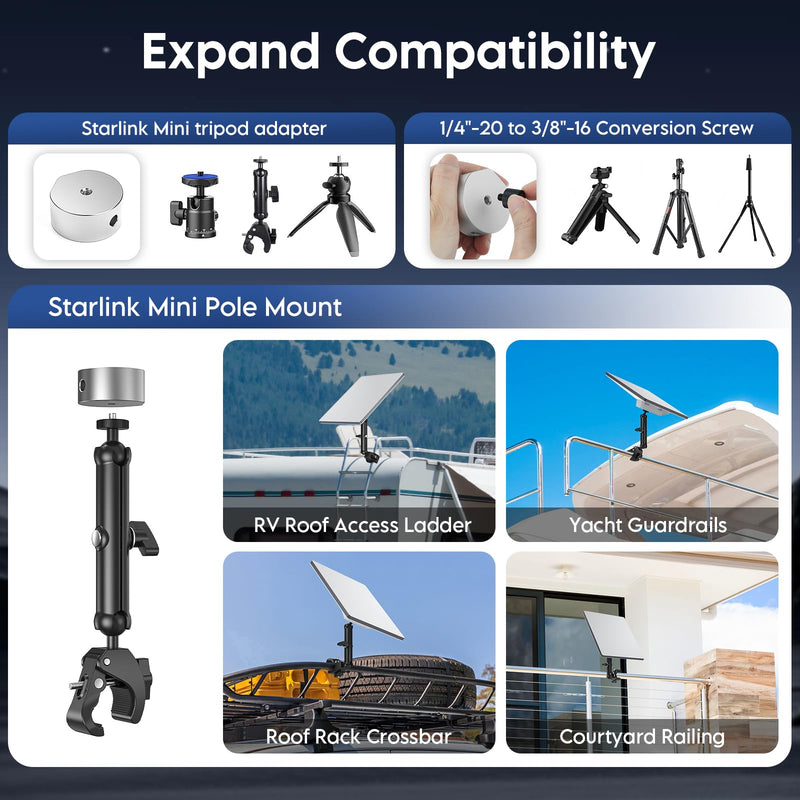 Starlink Mini Clamp Mount, Aluminum Starlink Mini Pole Mount Kit with 1/4"-20 & 3/8"-16 Thread & Clamp Bracket for 2026/2025 StarLink Mini, RV, Camper, Boat, Roof Rack, Balcony For Starlink Mini