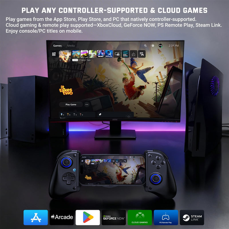 Joso Wireless Game Controller for iPhone/iPad/Android, Phone Controller for Android/iOS/Switch with Hall Effect Triggers, 2 Programmable Back Buttons, Dual Vibration & Turbo, Support Phone Case Black