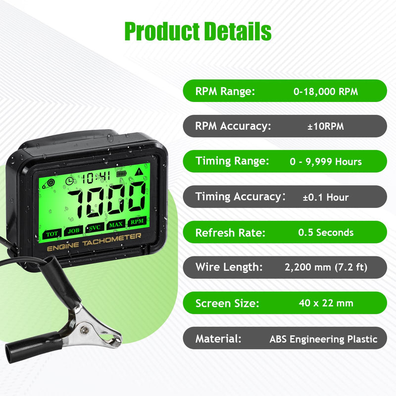Digital Tachometer Hour Meter with RPM Alarm,IPX68 Waterproof Small Engine Tachometer,Replaceable Battery,Inductive RPM Gauge for Motorcycle,Chainsaw,Mower,ATV,Marine