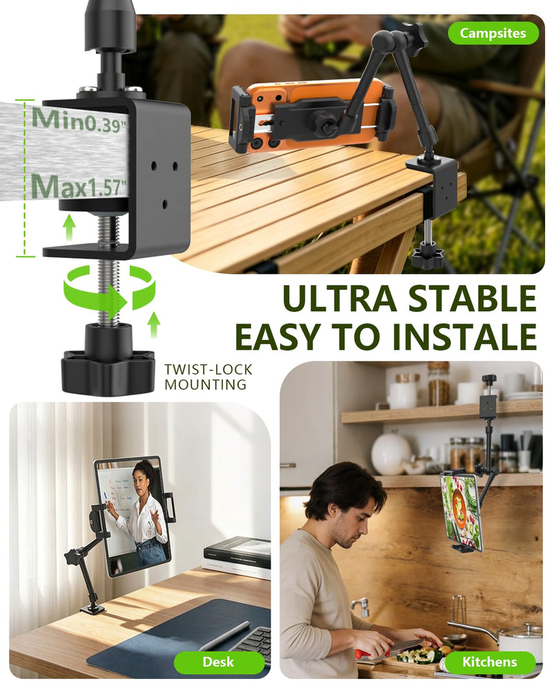 Camping Tablet Holder, Adjustable Clip-on Stand for RV & Picnic | C-clamp fits 2.36" surfaces, 360° rotatable, tool-free installation, compatible with 6–15.6" phones & tablets