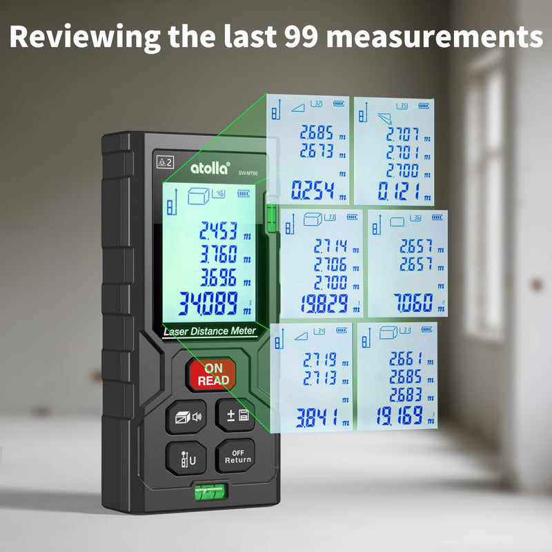 atolla Laser Measure, Digital Laser Distance Meter with 2 Bubble Levels,Portable M/in/Ft Unit Switching Backlit LCD, Measuring Distance/Area/Volume/Pythagorean and Waterproof IP54 (Red Laser) 196 Ft