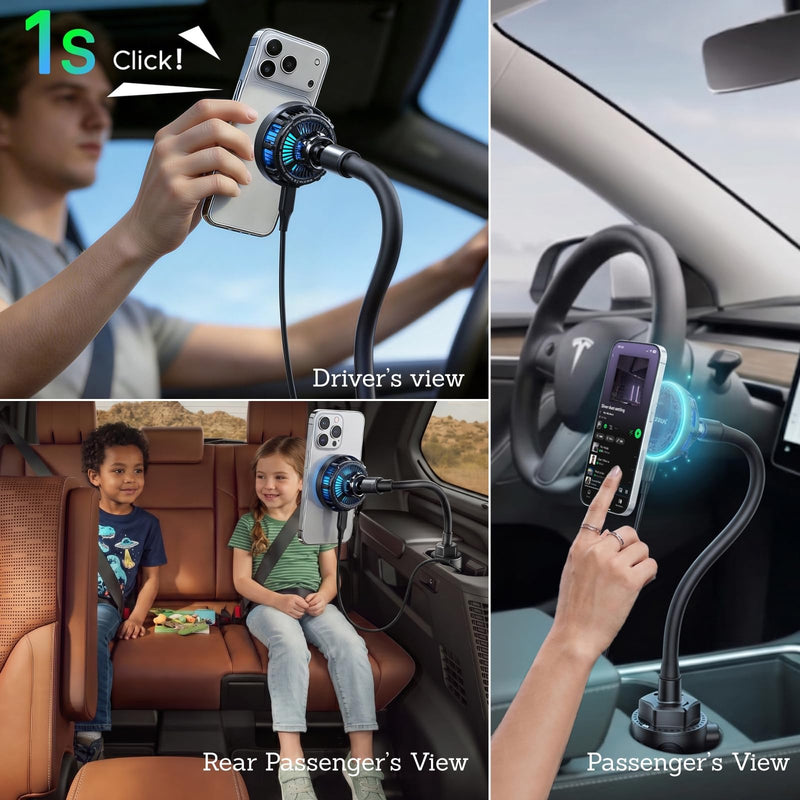 Qi2 25W Cooling Wireless Charger 15 Inch Cup Holder Phone Mount | 25W Fast Wireless Charging, 15" Gooseneck Cup Holder Mount, Cooling Fan, Stable Base, 45W Car Adapter Included