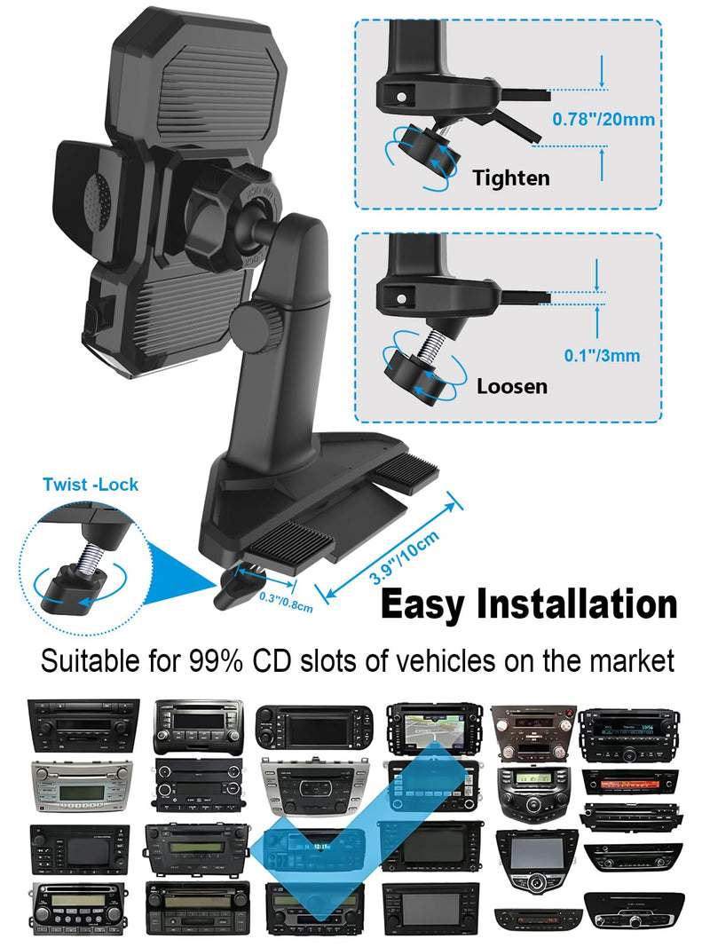 CD Slot Phone Holder for Car with One Button Release Clamp | Height Adjustable - Car Phone Holder CD Player Mount for iPhone 17 16 Pro Max Plus, Galaxy S26, Fire, All 4-7" Smartphones Clamp Holder