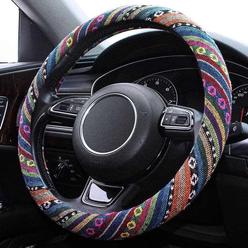 Boho Steering Wheel Cover Elastic Microfiber for Women, Universal Fit 15 inch Car SUV, Hippie Style Protector Cover, Anti-Slip, Breathable, Absorbing Sweat - 01 Colorful