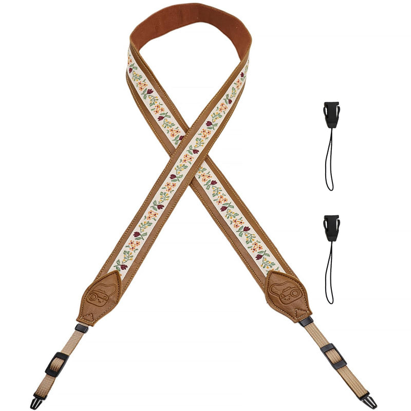 Leather Camera Strap, Quick Release Camera Neck Strap for All Cameras, Retro Jacquard Camera Straps for Photographers Brown Embroidery Camera Strap-04