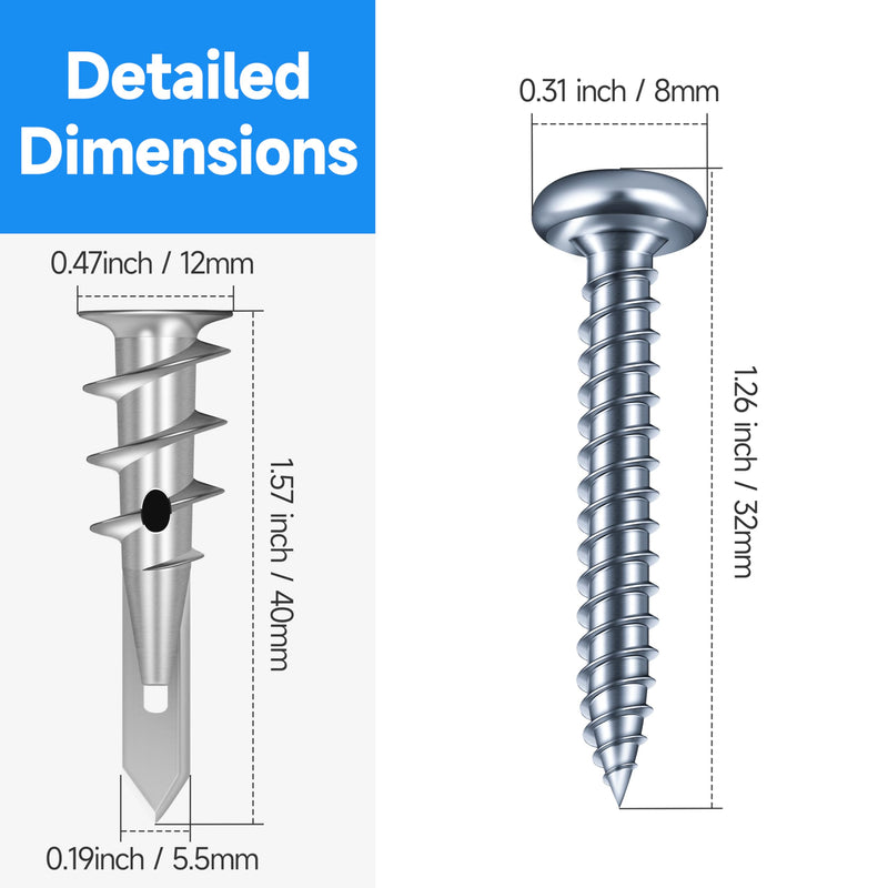 Zinc Self-Drilling Drywall Anchors with Screws Kit, 120Pcs Heavy Duty Zinc-Plated Steel Wall Anchors and 120Pcs #8 x 1-1/4" Screws - Total 240 Pieces 120
