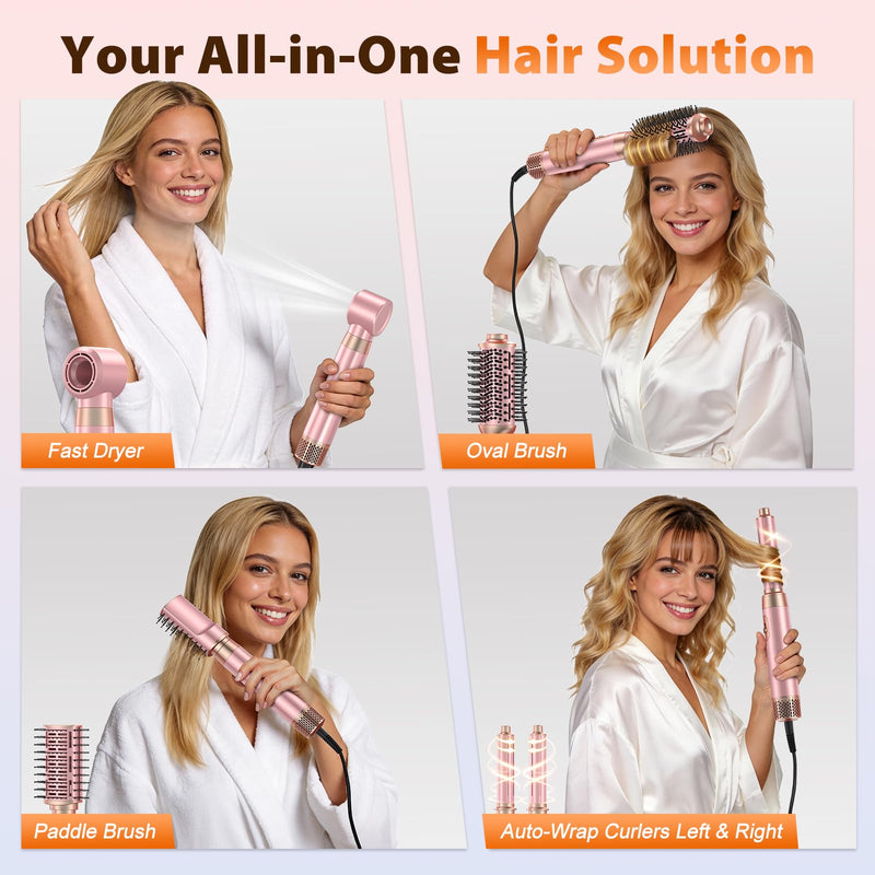 5 in 1 Blow Dryer Brush Set, Upgrade Hair Dryer & Blow Dryer Brush & Air Curling Wrap & Paddle Brush, Detachable Hot Air Styling Tools, High Speed Travel Hair Volumizer Straightener Curler Pink | Upgrade Hair Dryer & Blow Dryer Brush & Air Curling Wrap...