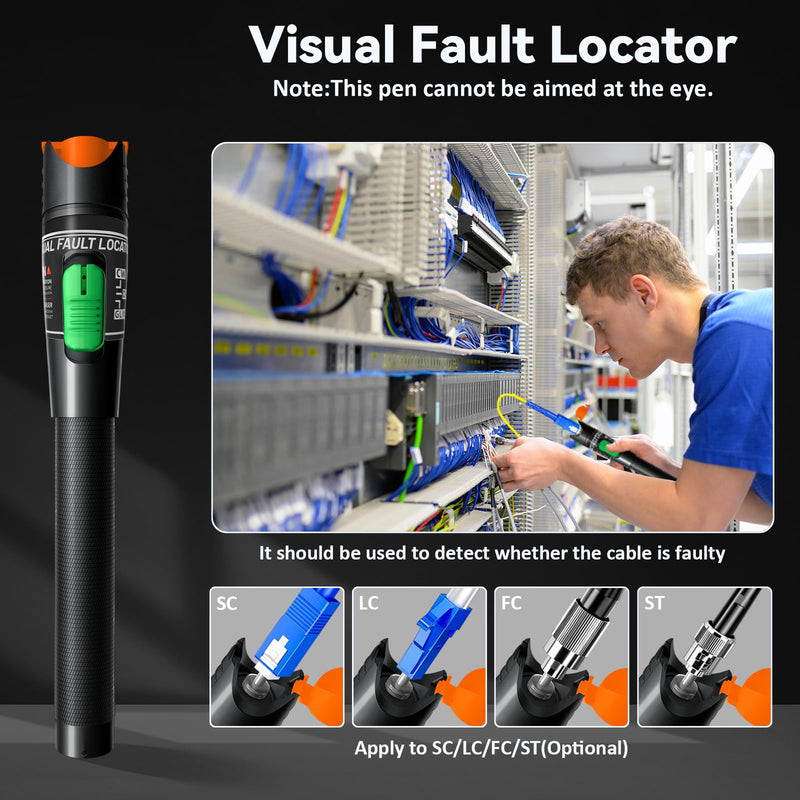 Visual Fault Locator 30KM - VFL Fiber Optic Tester Kit with FC/LC/SC/ST Compatibility - Single Mode 9/125μm Fiber Visual Fault Locator for Telecom Maintenance and Data Centers 30 VFL + FC/LC Connector
