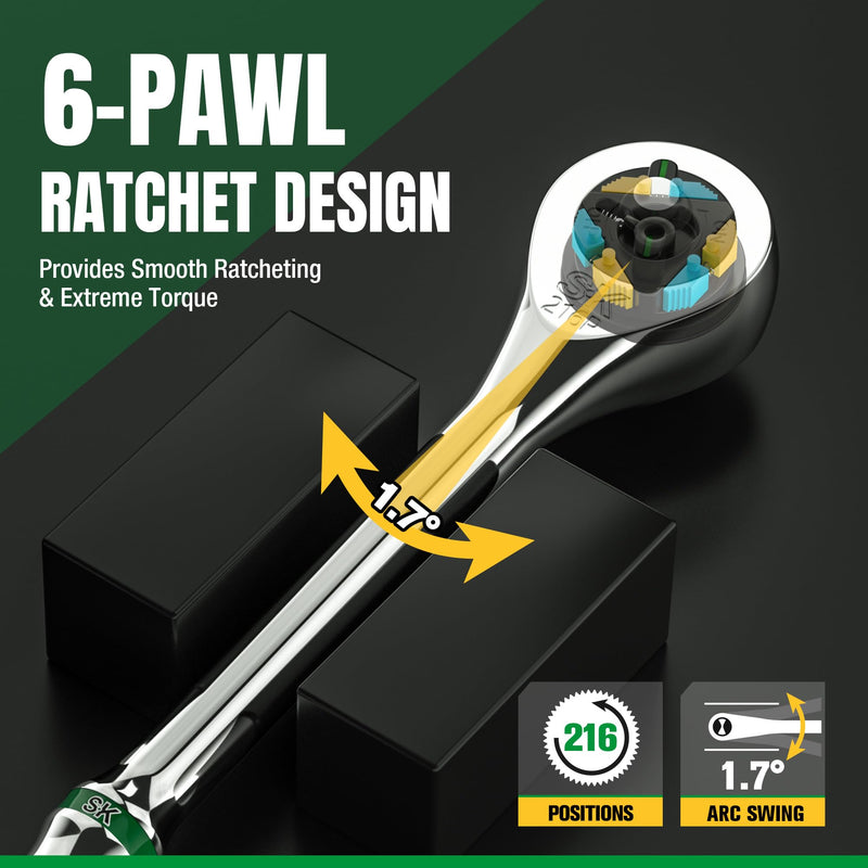 SK 3/8" Drive Ratchet Handle, 216-Position 6 Pawl with Quick-Release Button | Premium CR-V Steel, Ergonomic Contoured Handle for Comfortable Use