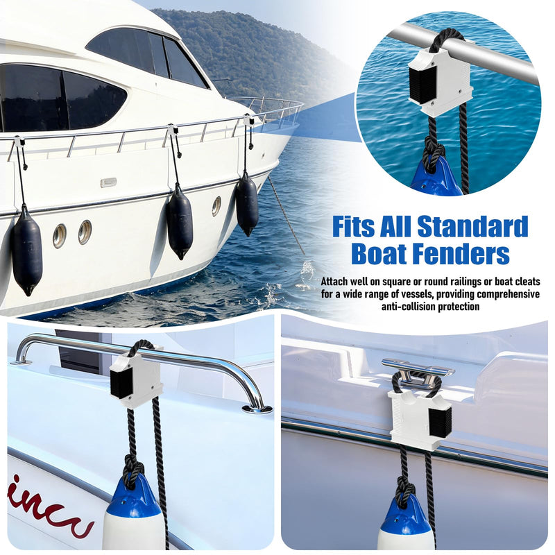 Boat Fender Hanger, Boat Rail and Cleat Fender Clips 4 Pack White, Quick Connect Fender Lines, Bumper Adjuster, Fits 1/4" - 1/2" Fender Lines, Rails up to 1” 4Pcs