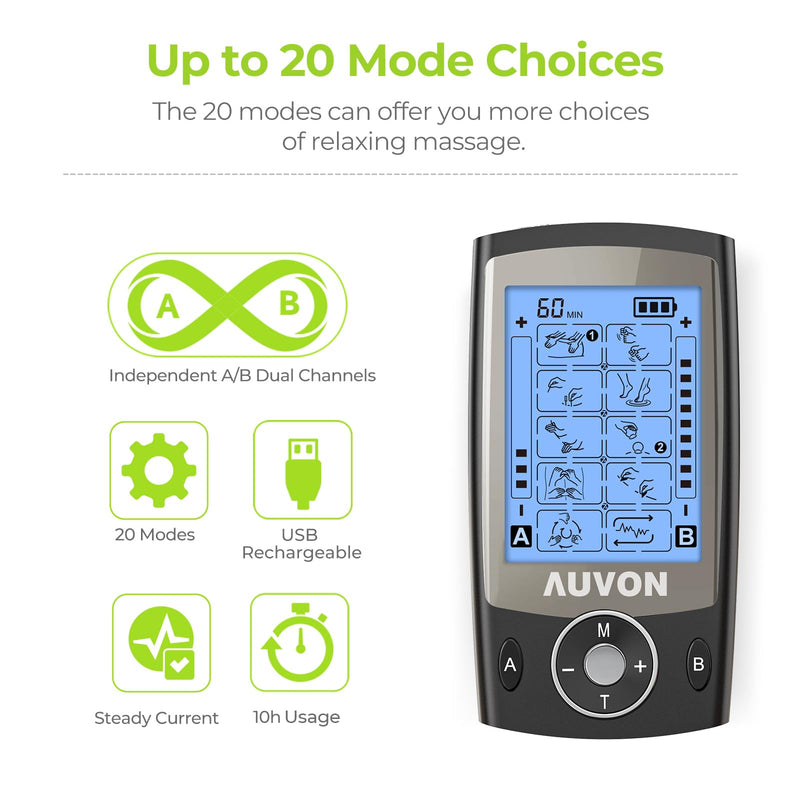 AUVON Dual Channel TENS Unit Muscle Stimulator Machine with 20 Modes, 2" and 2"x4" TENS Unit Electrode Pads (Black) Black