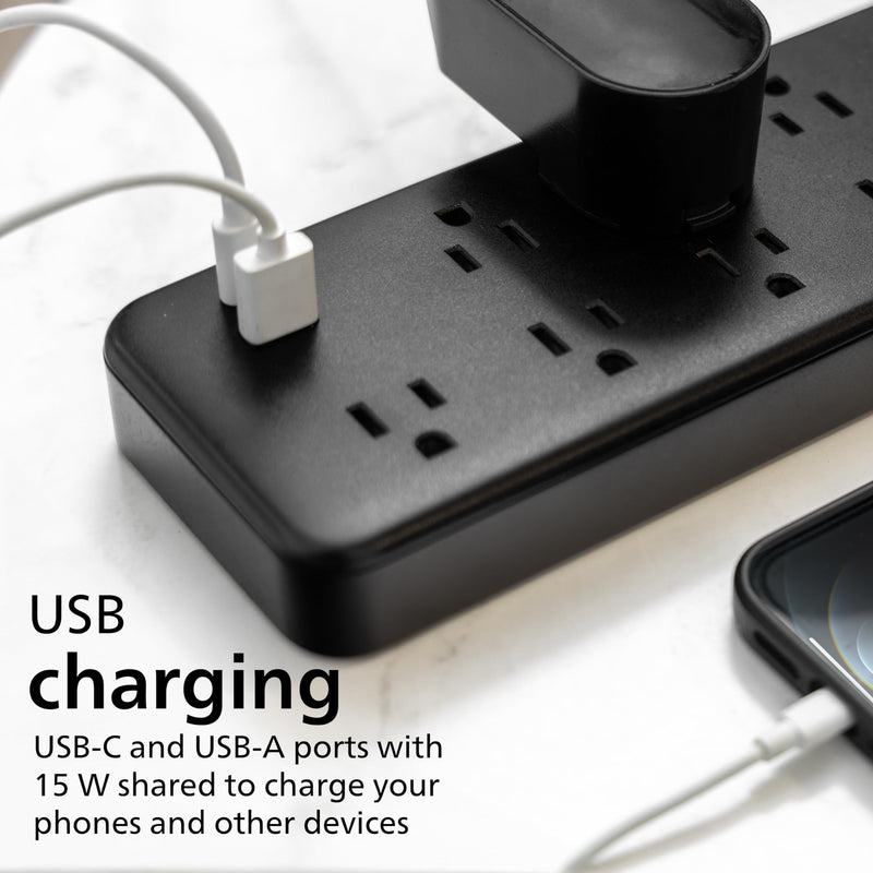 Philips 9-Outlet Surge Protector with USB Charging, 6ft Braided Extension Cord, 1USB-A, 1USB-C, 2400J, Adapter Spaced, Black - SPP3983B/37