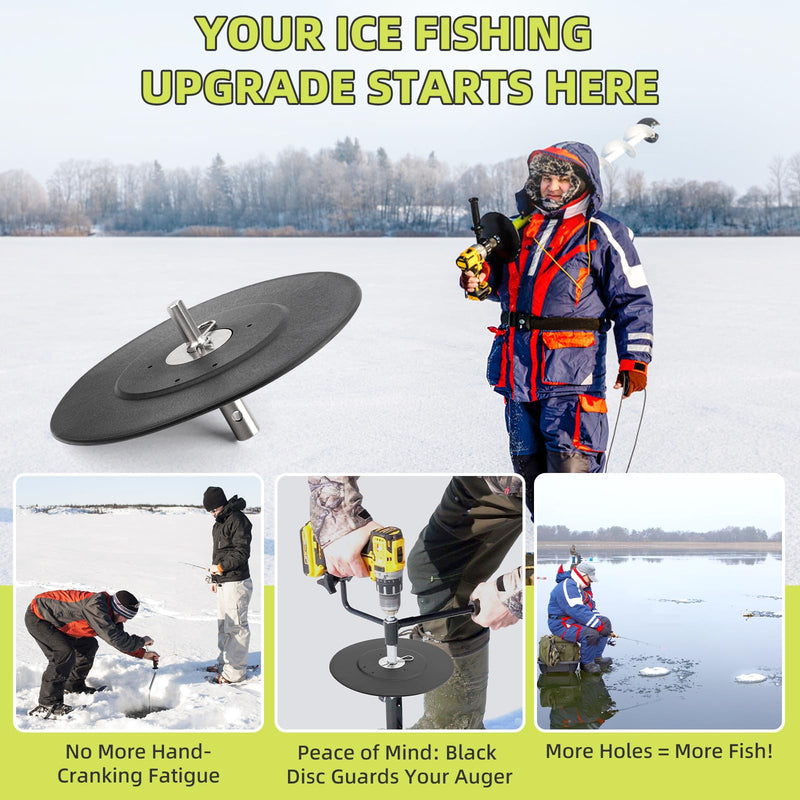 Ice Fishing Auger Drill Adapter, 1/2" Drill Chuck, 9.1" Auger Stopper Disc | for Eskimo, for StrikeMaster Mora Hand Augers, 1/2" Drill Chuck, 9.1" Stopper Prevents Auger Dropping Through Ice