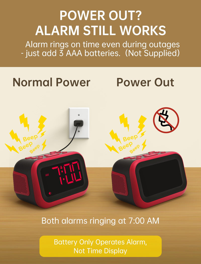 Loud Alarm Clock for Heavy Sleepers: 115dB Dual Alarms with 6 Unique Sounds for Bedroom Dorm Room Use - On-Time Wake Up for Teen College Students - Red Red - Red Digits