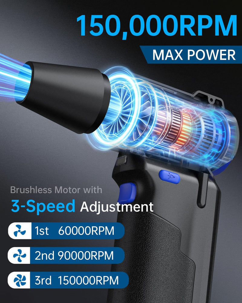 Compressed Air Duster, 150000RPM 3-Gear Brushless Motor Cordless Electric Air Blower, Rechargeable Air Blower with LED Light for PC, Computer, Laptop, Keyboard, Car Cleaning, Gifts for Men