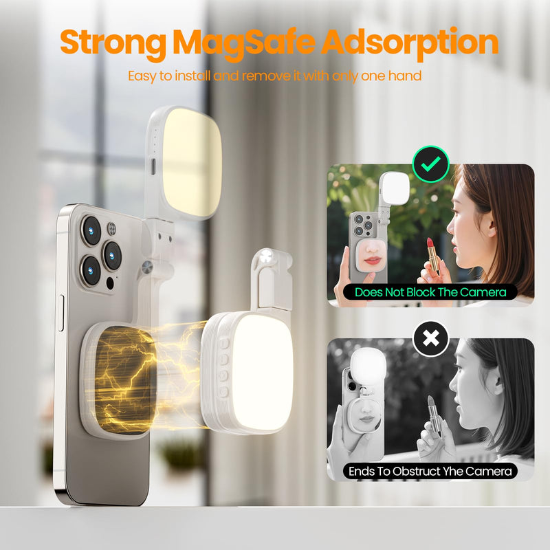 Magnetic Selfie Light, 3 Color Modes, 1000mAh Foldable & Rotatable Fill Light, Compatible with iPhone 11-17 Series, Samsung, MagSafe, White