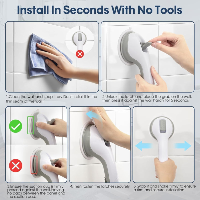 Auroras Strong Suction Cup Grab Bars for Bathtubs and Showers, 2 Pack Removable Heavy Duty Shower Grab Bars for Seniors No Drilling, 16 Inch Non-Slip Shower Handles for Elderly,Children,Injured Gray