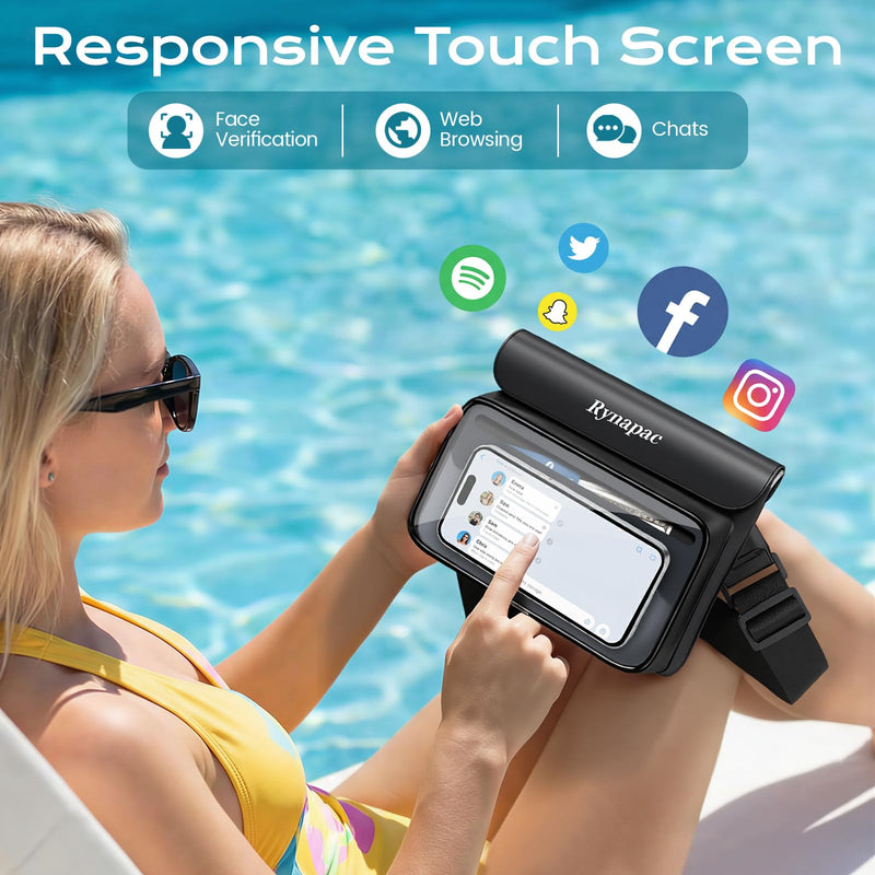 IPX8 Waterproof Fanny Pack, [Up to 8.5"] Waist Bag for Women, Floating Phone Pouch Dry Bag for iPhone 17 16 15 Pro Max, Passport, Wallet, Card, Travel Beach Kayaking Boating Essentials, 2 Pack Black + Pink