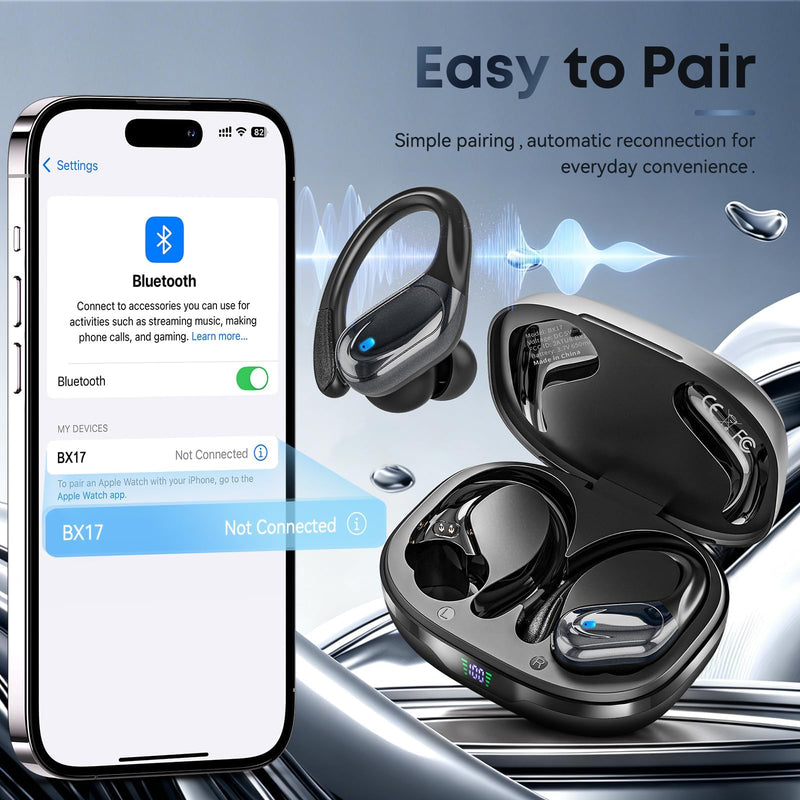 HAOYUYAN Wireless Earbuds, Sports Bluetooth Headphones, Noise Canceling Ear Buds with 80hr Playtime, LED Power Display, IPX7 Waterproof Earphones for Gym/Workout Black